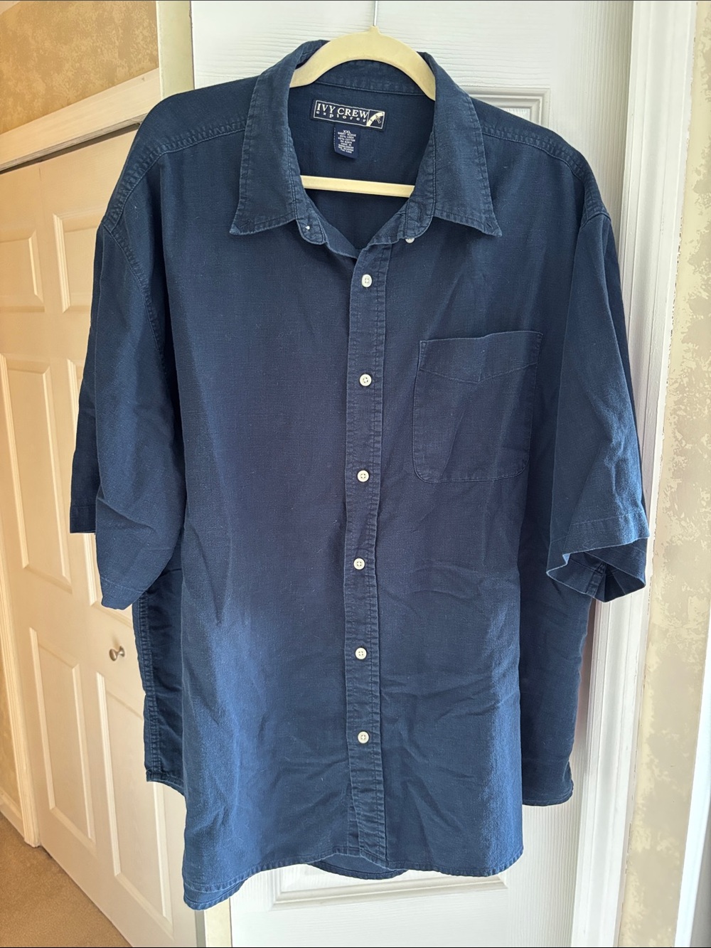 Navy Linen Blend Short-Sleeve Button-Down Shirt